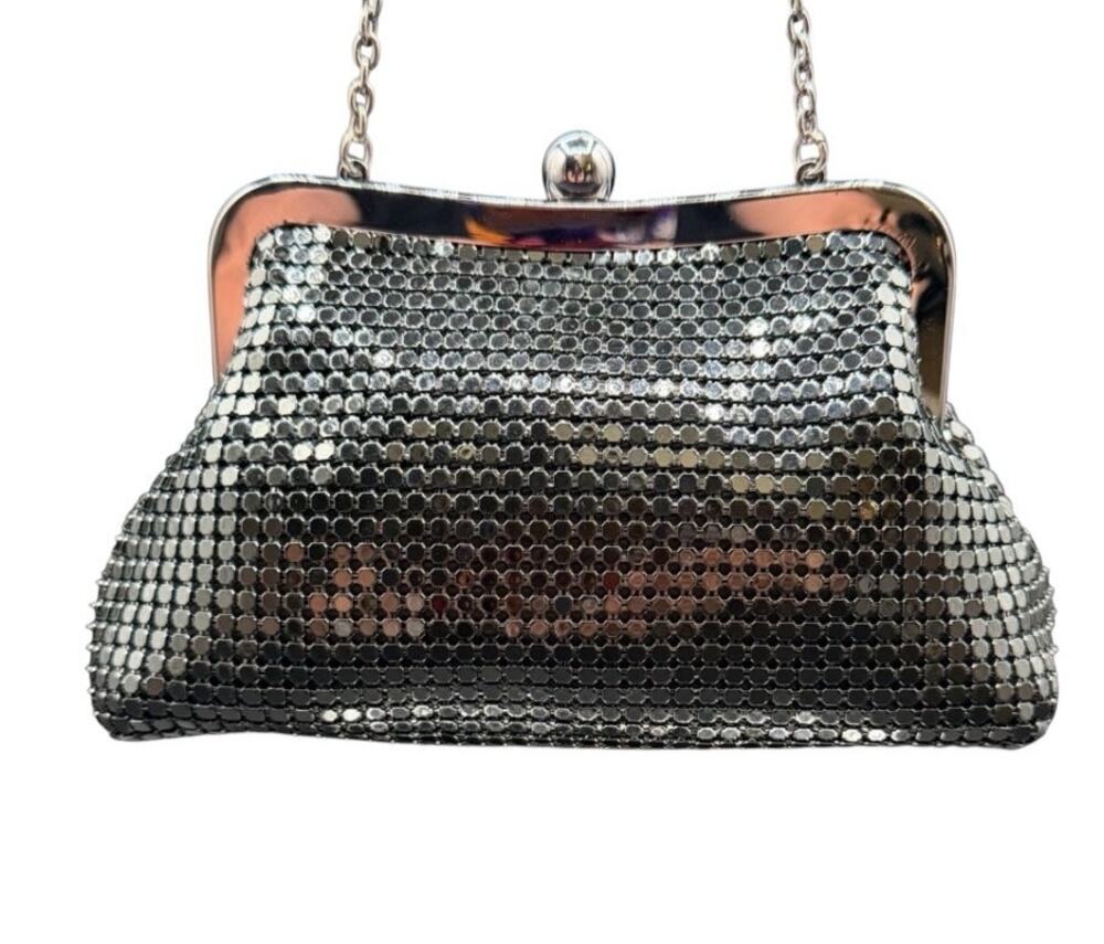 Jessica McClintock Black Mesh Evening Clutch Purse w/ Chain Shoulder Strap